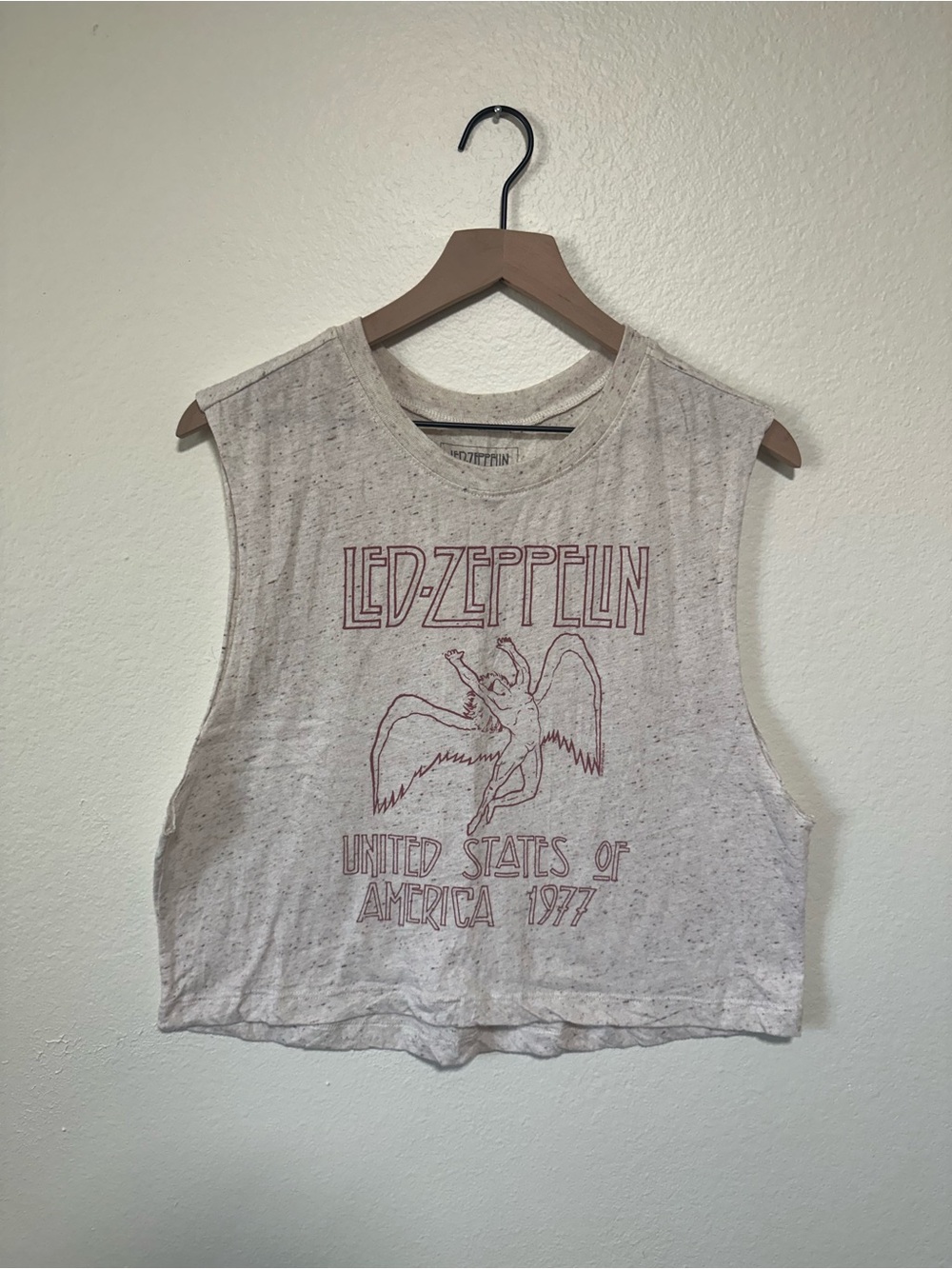 🤍Led Zeppelin Tan Cream Speckled Graphic Crop Tank Top